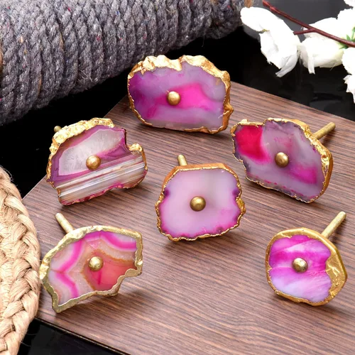 Vista 13 de Indian Shelf 6 tiradores modernos de piedra rosa rosa para cajones, manijas de armario, pomos de aparador, aspecto contemporáneo
