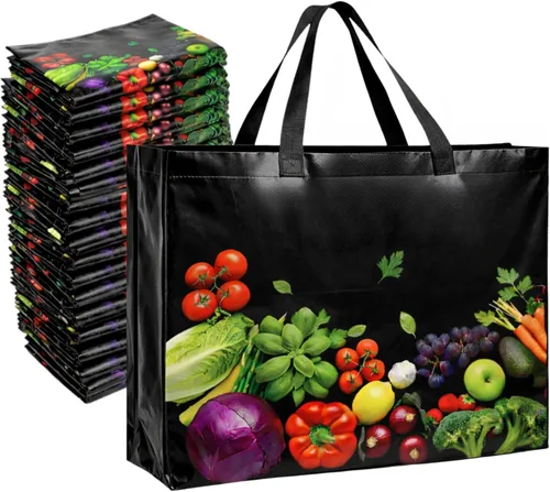 Vista 9 de Paquete de 200 bolsas de compras negras reutilizables ecológicas de 14.5 x 14 x 6.6 pulgadas, bolsas de compras duraderas, reciclables, lavables