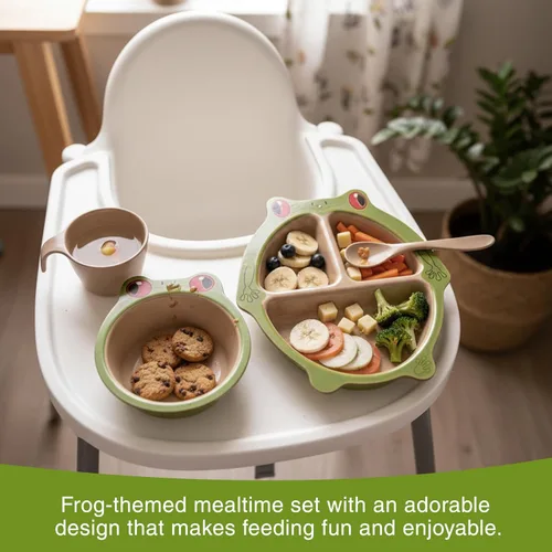 Vista 7 de Refresh-A-Baby Juego de alimentación ecológico de cáscara de arroz para niños, 4 piezas, incluye plato dividido, ventosa, cuchara, taza, sin BPA