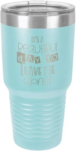 Vista 16 de Taza de viaje de acero con recubrimiento de polvo grabado por láser con grabado «It 'S A BEAUTIFUL DAY TO LEAVE ME ALONE» de 325 ml con campana