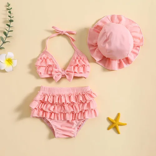 Vista 2 de Yccutest Traje de baño de flores para bebé, 3 piezas, parte superior triangular, parte inferior con volantes, sombrero para el sol, conjunto