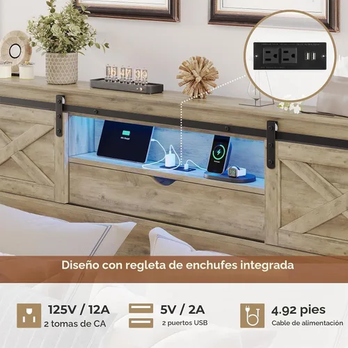 Vista 4 de Base de cama de tamaño King de estilo granja de Hasuit con estante de almacenamiento, cabecero, cama de madera King con luces LED, estación de Roble