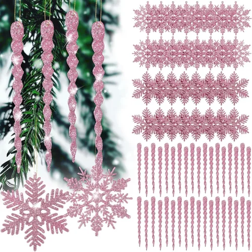 Vista 10 de Deekin 72 piezas adornos de carámbano de copo de nieve para árbol de Navidad, carámbanos torcidos de copo de nieve con purpurina, decoraciones