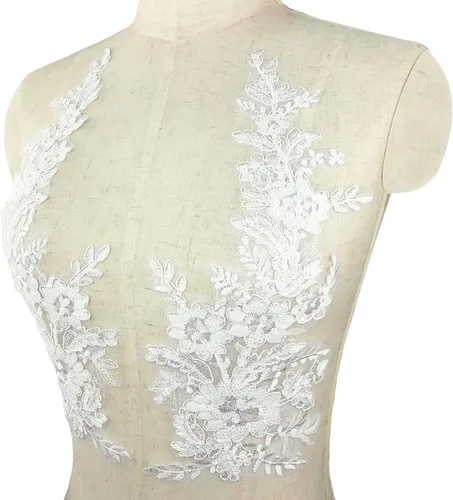 Vista 3 de 1 par de apliques de encaje con bordado de flores de lentejuelas, parches para coser para boda, vestido de novia, vestido de fiesta, ropa, corpiño