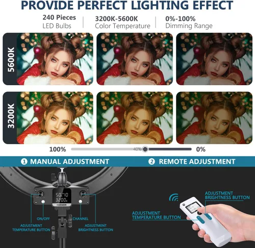 Vista 4 de Neewer Avanzado 2.4G 18 pulgadas Dimmable bicolor LED anillo luz con pantalla LCD
