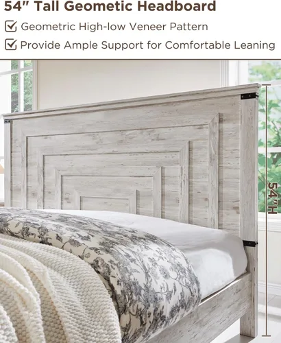 Vista 4 de Marco de cama de madera tamaño Queen de 54 pulgadas de alto con cabecero, cepillo antiguo color blanco Cepillo antiguo blanco