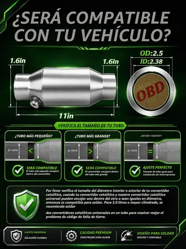 Vista 6 de Convertidor catalítico frontal universal de alto flujo de entrada y salida de 2.5 pulgadas, ajuste directo con puerto O2 (compatible con EPA)