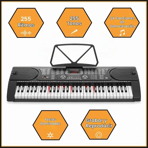 Vista 2 de Hamzer Teclado de piano con teclas iluminadas de 61 teclas, juego de teclado de piano electrónico para principiantes con soporte, banco