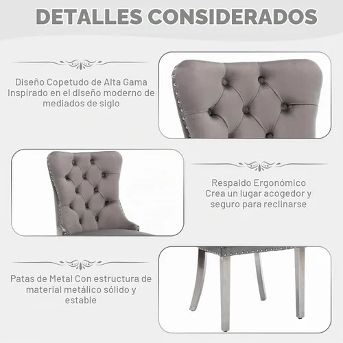 Vista 6 de Juego de mesa de comedor de cristal de 51" para 4, gris Tapa de vidrio templado, patas de metal plateado, sillas de terciopelo, juego de comedor