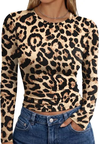Vista 37 de Trendy Queen Camisetas de manga larga para mujer, camisetas básicas de Verde militar