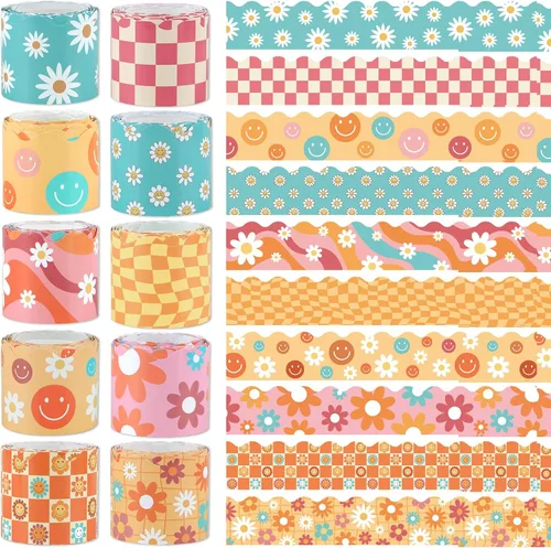 Vista 9 de Borde de anuncios bohemio de 262 pies, 10 rollos, borde bohemio de arco iris para el aula, para tablón de anuncios, decoración de tablero