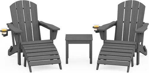 Vista 10 de SERWALL Juego de 5 piezas con silla Adirondack ajustable, puf otomano y mesa, negro