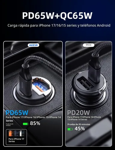 Vista 3 de AKESR Cargador de coche USB C de 65 W de carga rápida, accesorios de salida USB de 12 V para Carro, adaptador compacto para encendedor