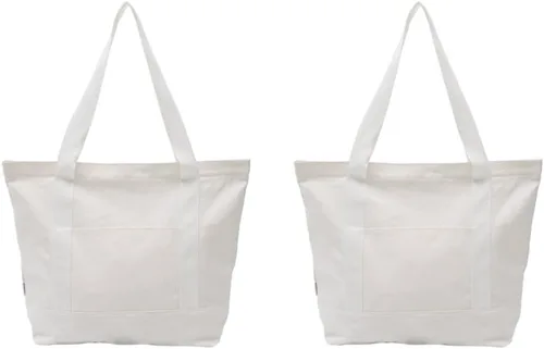 Vista 6 de Bolsa de lona 100% algodón resistente con cremallera para playa y hombro con bolsillo exterior, paquete de 2