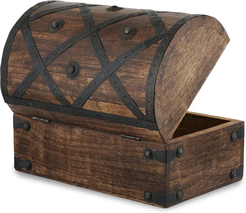 Vista 8 de Ajuny Cofre del tesoro de madera Joyero pirata, baúl de recuerdo antiguo, soporte decorativo de madera para baratijas, pequeño organizador