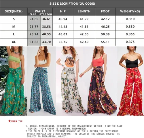 Vista 7 de Timemory Pantalones palazzo de pierna ancha para mujer holgados casuales para playa bohemio estampado floral pantalones bohemios con cinturón