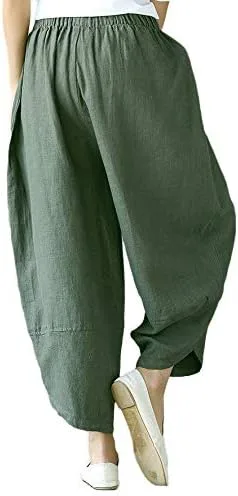Vista 3 de Hwayslon Pantalones holgados de lino de pierna ancha para mujer, estilo casual, con retazos, cintura elástica, pantalones Harlan, talla M, XXL