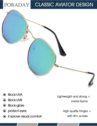 Vista 4 de PORADAY Lentes de sol polarizados hexagonales para mujeres y hombres, vintage, cuadrados, de metal, lentes de sol geométricos