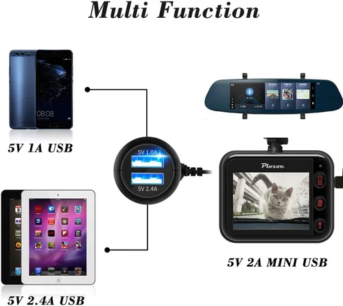 Vista 4 de Cargador de cámara para salpicadero, Plozoe Car Dash Cam Cable de alimentación USB Adaptador de carga de vehículo para GPS GPS Nuvi Gar 'min, Mirror