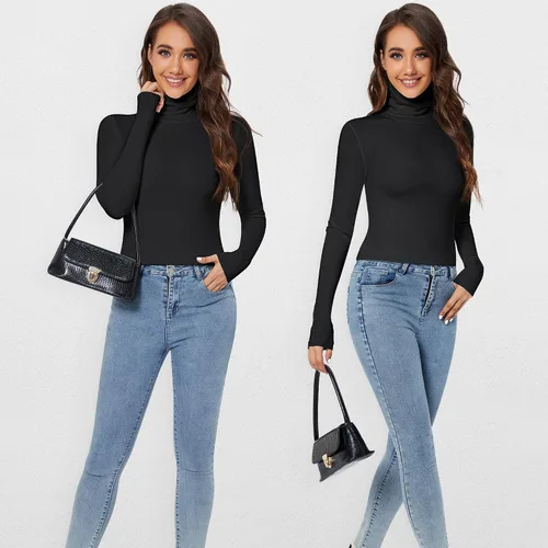 Vista 5 de SIMIYA Camisas de manga larga con cuello alto para mujer, para otoño, invierno, a la moda, elástica, capa base, ropa interior térmica
