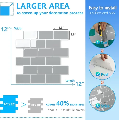 Vista 6 de STICKGOO 1 hoja de azulejos de metro autoadhesivos para salpicaduras de cocina, azulejos de pared para despegar y pegar, adhesivos para azulejos