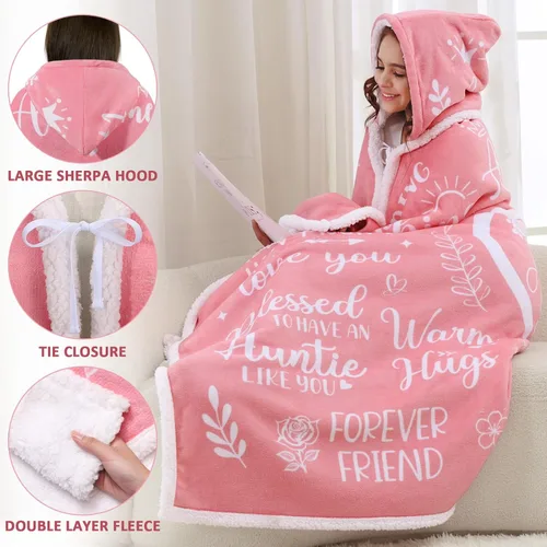 Vista 4 de Regalos para el día de la madre de hija, hijo o niño, acogedora manta con capucha de forro polar Sherpa rosa, regalo de cumpleaños único para mamás