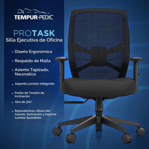 Vista 3 de Tempur-Pedic ProTask - Silla de oficina ejecutiva con respaldo de malla y soporte lumbar integrado, silla de escritorio ergonómica de malla Negro