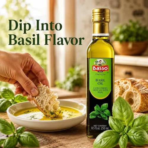 Vista 3 de Aceite de Oliva Extra Virgen con Albahaca para Sumergir y Degustar 8.5 fl oz (250 ml) Aceite de oliva con sabor a albahaca para sumergir