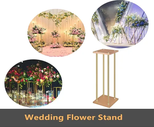 Vista 2 de 10 piezas de soporte de flores de boda soporte de metal para jarrón con platos, columna de metal dorado rectangular de 7.87 x 7.8 pulgadas, 7 x 23.6