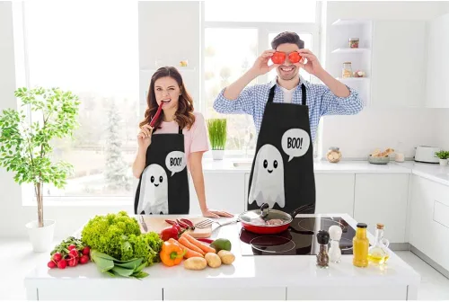 Vista 2 de Bonito delantal de chef fantasma de 27 x 31 pulgadas, fantasma de Halloween con burbujas de discurso, delantal negro sin bolitas para barbacoa