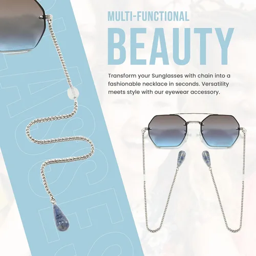 Vista 4 de Loom&Pearl Gafas de sol con patillas de cadena, colgantes de piedra únicos, lentes de cadena con agarre antideslizante en las orejas Pince-nez