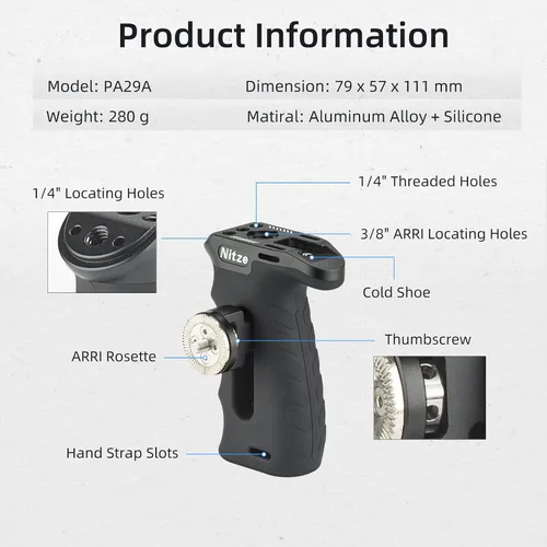 Vista 2 de Nitze Mango lateral ergonómico con roseta para ARRI, arriba/abajo e izquierda/derecha ajustable, mango lateral de aluminio de goma para cámaras