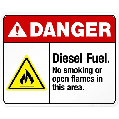 Vista 17 de Diesel Fuel No Smoking Or Open Flames in This Area Sign, ANSI Danger Sign, 10x7 Inches, Rust Free .040 Aluminum, Fade Resistant, Indoor/Outdoor Use