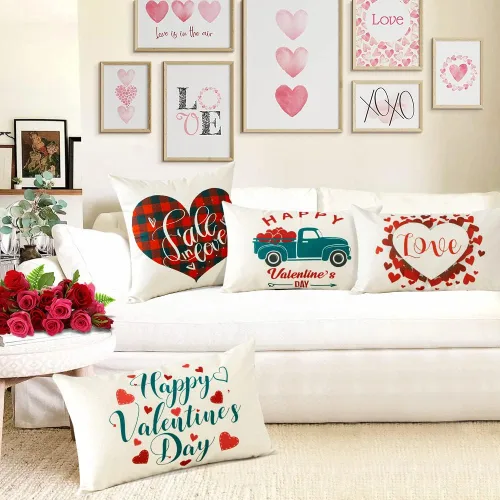 Vista 8 de Artscope Fundas de almohada impermeables para el día de San Valentín, juego de 4 fundas de cojín de lino y algodón para sofá en exteriores, 12 x 20