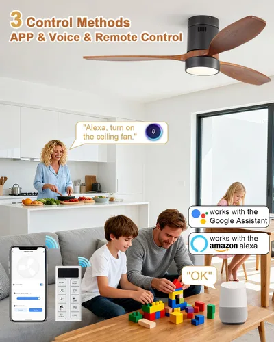 Vista 2 de Sofucor - Ventiladores de techo inteligentes de 52 pulgadas con luz - Modernos ventiladores de techo de madera maciza para exteriores con 3 aspas