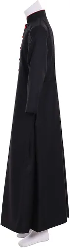 Vista 3 de CosplayDiy Disfraz de sacerdote romano negro para hombre, disfraz de cosplay. Disfraz medieval de clérigo para adultos, vestíbulos, gabardina
