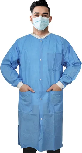 Vista 8 de Abrigos de laboratorio desechables dentales Puños y cuello de punto suave duradero SMS 1.59 oz con 3 bolsillos Negro
