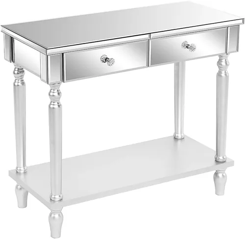 Vista 13 de Moderna mesa de consola plateada con espejo con 2 cajones de almacenamiento, escritorio rectangular de tocador, mesa de tocador de maquillaje