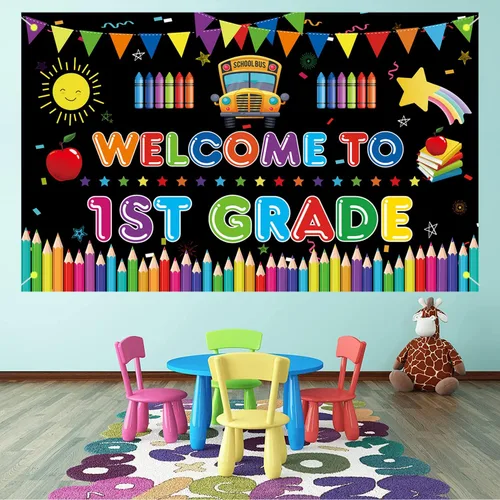 Vista 3 de Cartel de bienvenida al primer grado, telón de fondo grande para decoración del primer día de escuela, bienvenido a la escuela, primer día de jardín