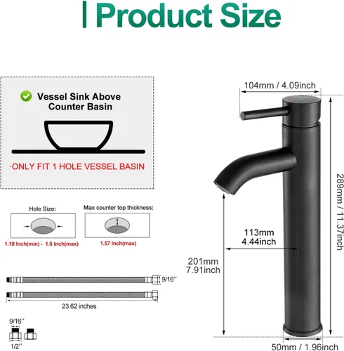 Vista 4 de VOTON Grifo para fregadero de buque, cromo, moderno, alto, grifos de baño, una sola manija, un agujero, Rv, lavabo, lavabo de baño