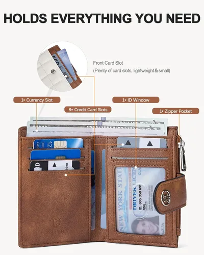 Vista 2 de BOSTANTEN - Cartera pequeña para mujer de cuero con bloqueo RFID, tarjetero plegable compacto con cremallera y bolsillo para monedas, Pequeña