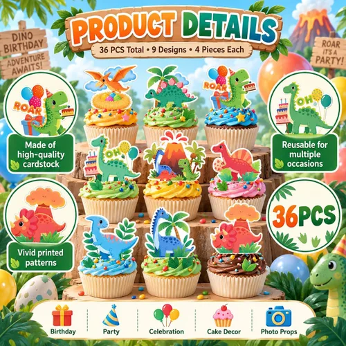 Vista 2 de 36pcs Dinosaur Cupcake Toppers