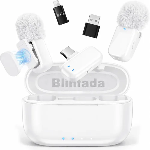 Vista 10 de Mini micrófono inalámbrico Lavalier para iPhone y cámara Android, micrófonos inalámbricos de doble canal con cancelación de ruido AI, rango de 328