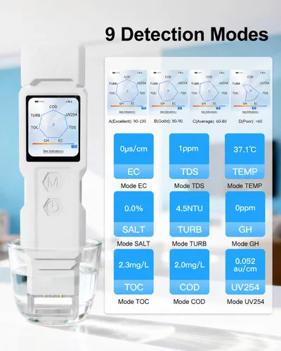 Vista 2 de 9 en 1 probador de agua inteligente con monitoreo por APP, kit de prueba de agua digital para turbidez, TDS, EC, temperatura, sal, GH, TOC, COD