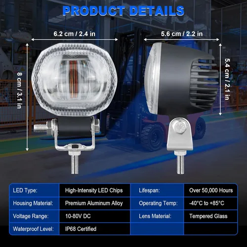 Vista 7 de Luz LED redonda de advertencia de seguridad para carretilla elevadora, luces de carretilla elevadora de 10 W con 2 chips LED de alto brillo, foco