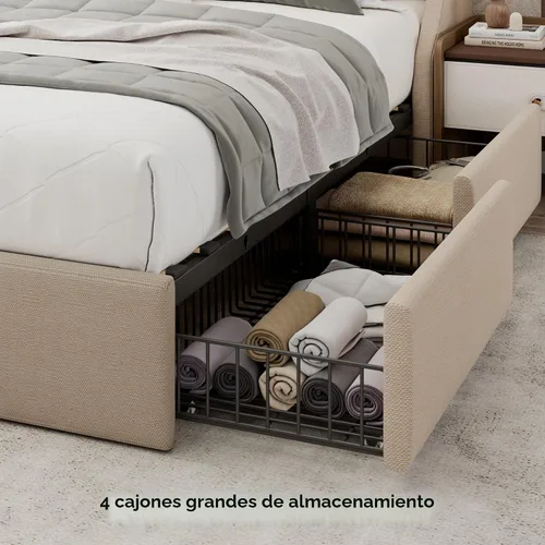 Vista 4 de Einhomn Base de cama tapizada de tamaño completo con 4 cajones de almacenamiento, cama de plataforma con cabecera con respaldo de ala, estación