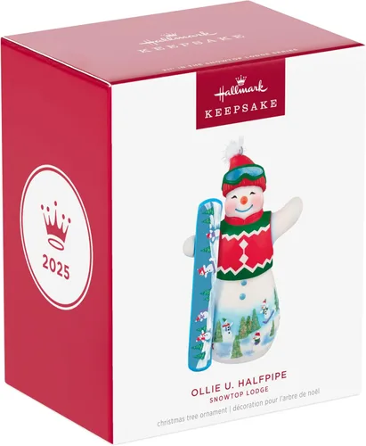 Vista 7 de Hallmark Keepsake Adorno de Navidad 2025, Snowtop Lodge Ollie U. Halfpipe, porcelana, muñeco de nieve, regalos para coleccionistas