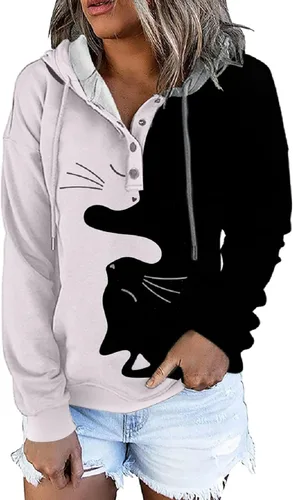 Vista 38 de Sudaderas con capucha para mujer, con cuello de botón, sin botones, con cordón, manga larga, lindas, ropa para adolescentes y niñas