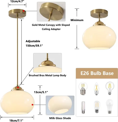 Vista 2 de KCO Iluminación de 1 luz colgante de globo de mediados de siglo, moderna iluminación colgante de vidrio blanco, lámpara colgante de latón cepillado