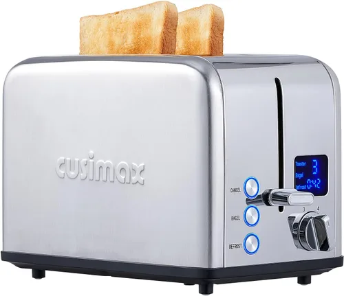 Vista 10 de CUSIMAX Tostadora de acero inoxidable de 2 rebanadas con pantalla LED grande, ranuras extra anchas de 1.5 pulgadas, 6 ajustes de tostado, función